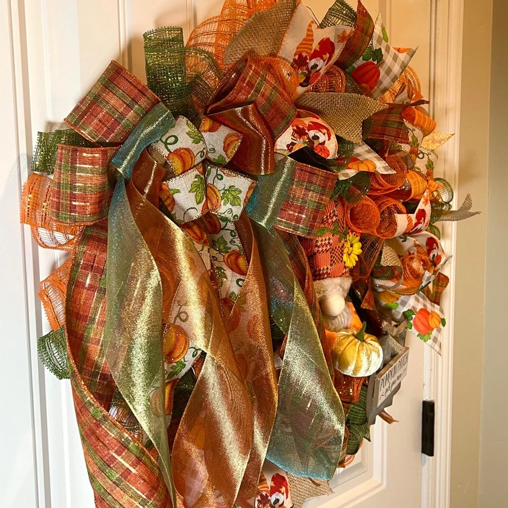 Autum Fall Ribbon Wreath Pumpkin Gnome Handmade 22 in’s. #W2